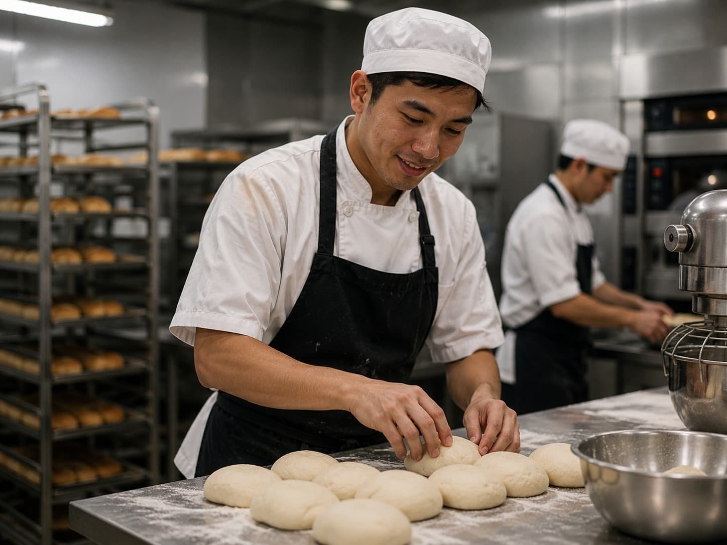Bäcker mit frisch gebackenem Brot in einer Bäckerei